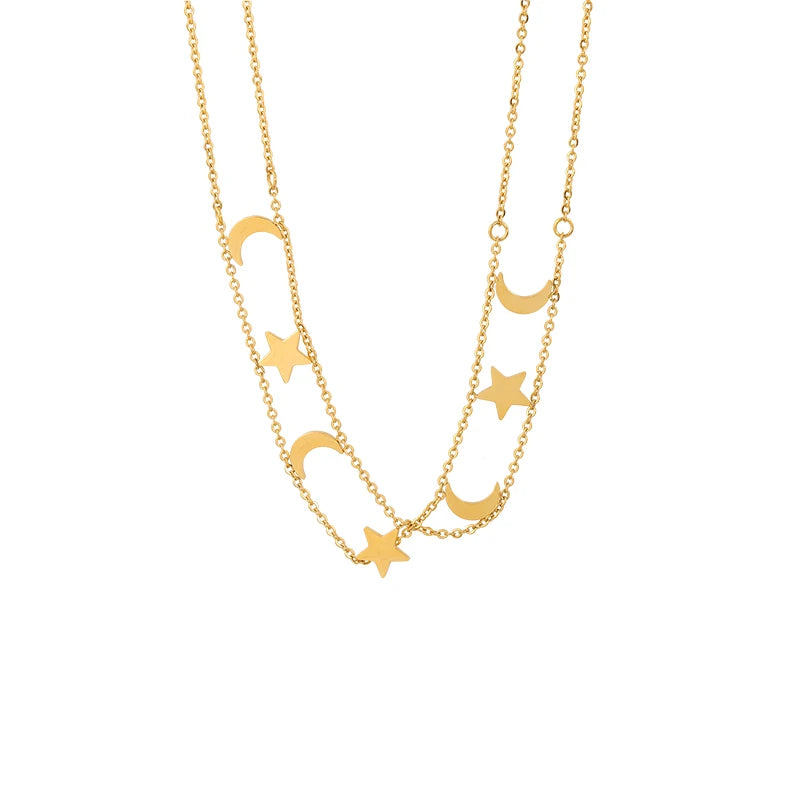 🌙✨ Crescent Dreams – Collar Doble Capa de Luna y Estrellas ✨🌙