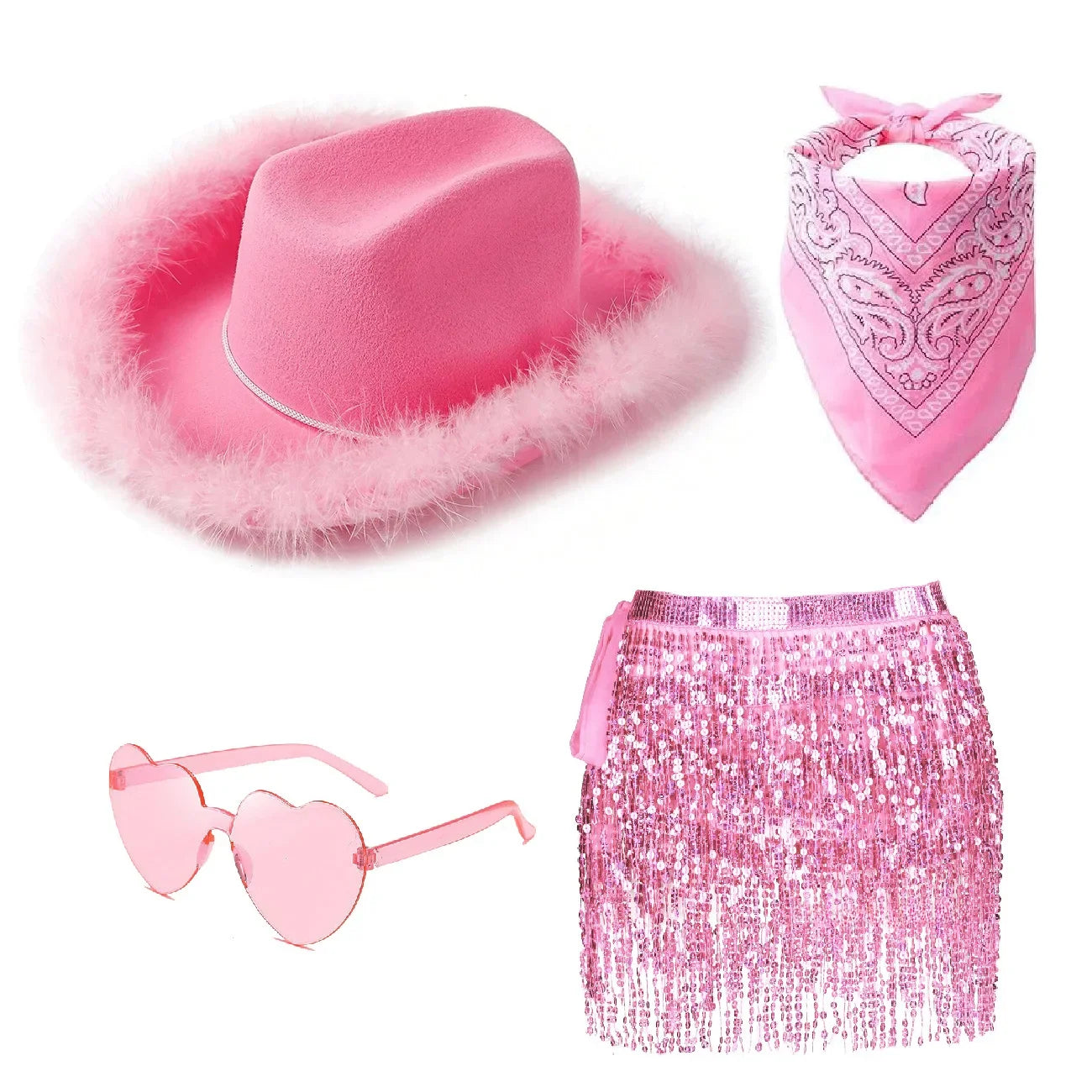 🤠💖 Yeehaw Stardust – Set Rosa Western de Sombrero, Gafas, Pañuelo y falda con Lentejuelas 💖🤠