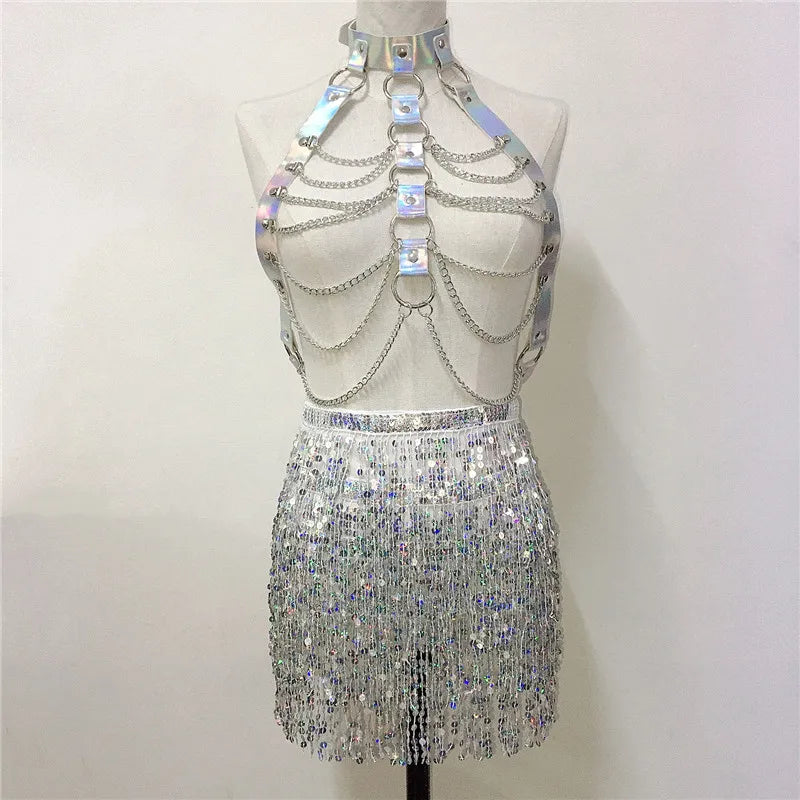⚡ Galactic Siren Set 🚀 Arnés holográfico + falda de lentejuelas