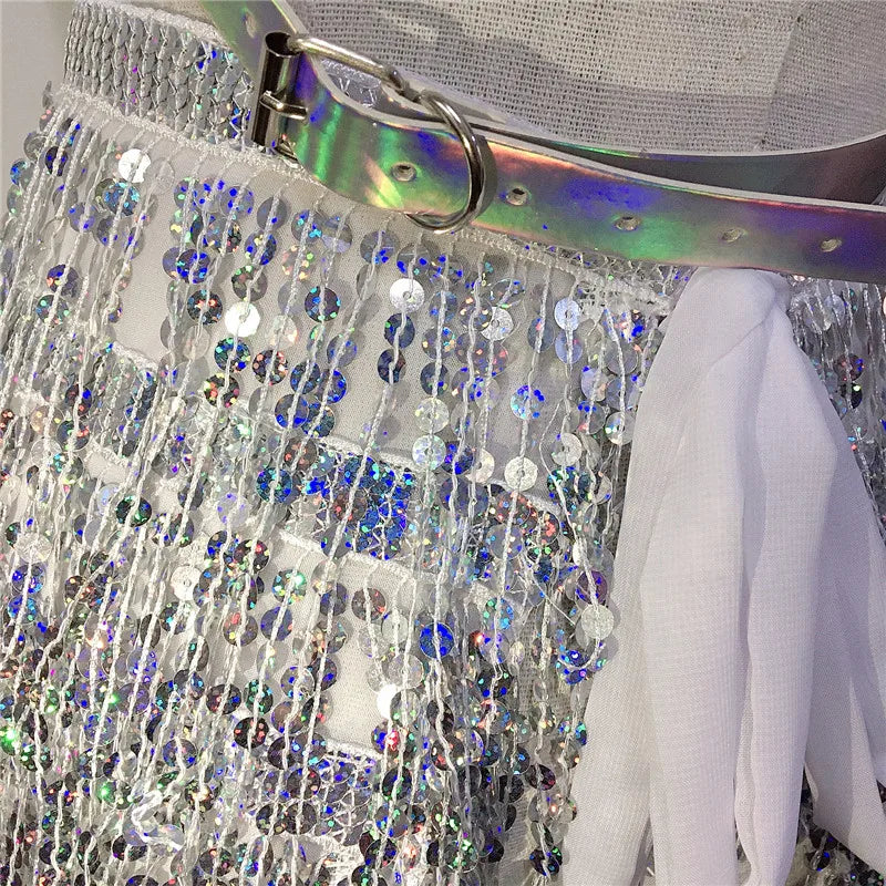 ⚡ Galactic Siren Set 🚀 Arnés holográfico + falda de lentejuelas