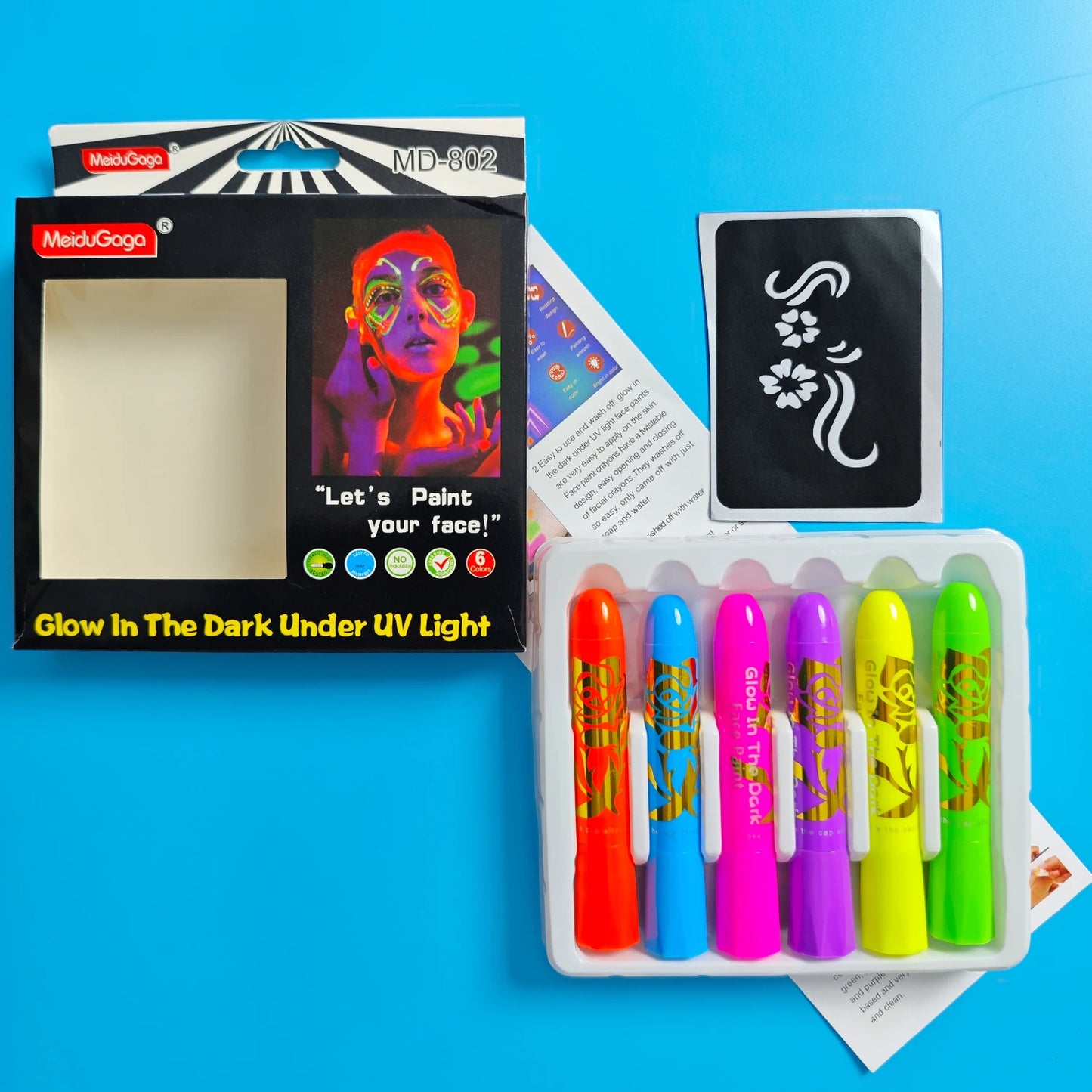 🌈“Neon Hex Stick” – Pintura Fluorescente UV Glow para Cara & Cuerpo ✨ Crayón Festival Multicolor