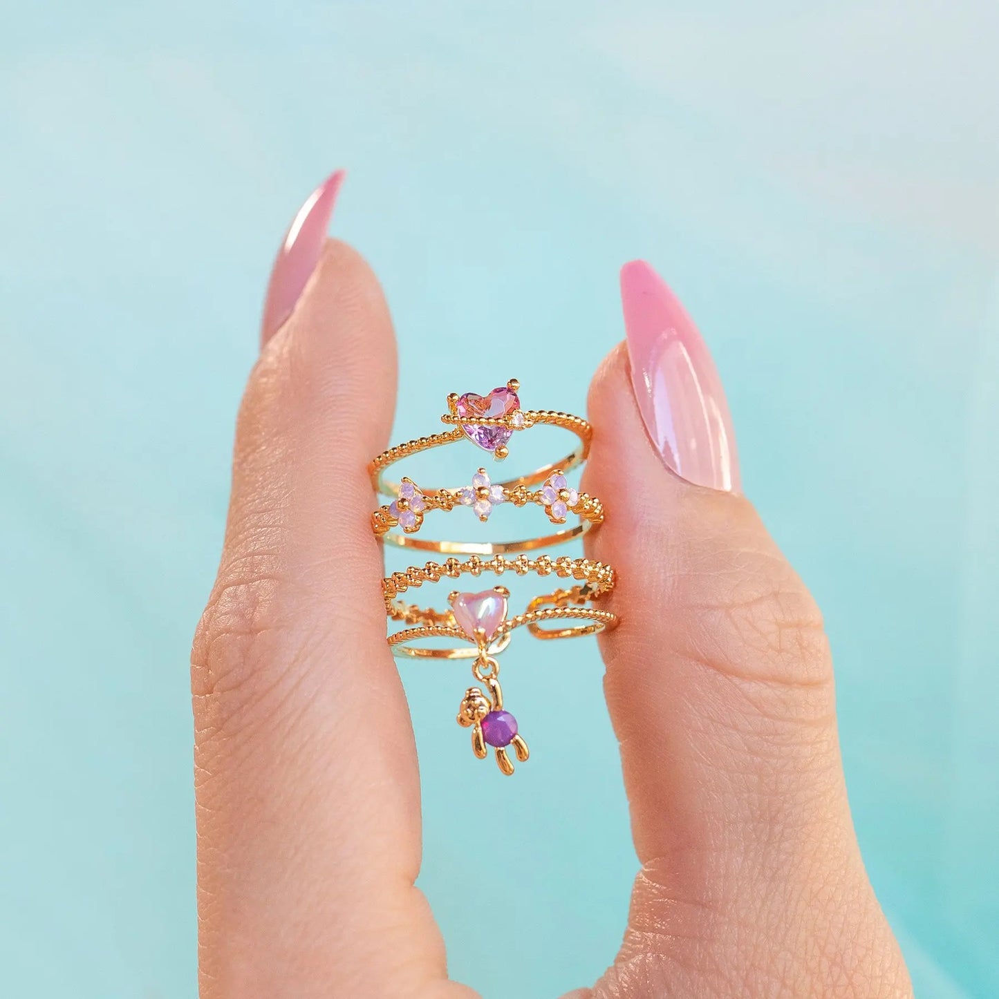 Anillos Love Set 💘🌈🧸Corazón, Mariposa. Oso y Flor en circonitas✨ 6 variantes a elegir
