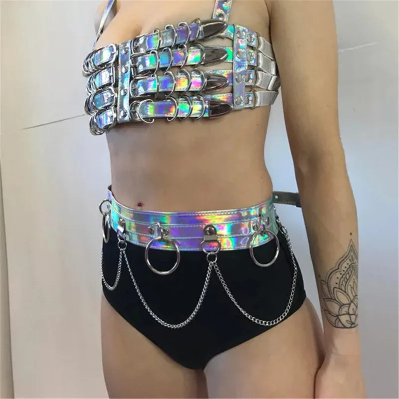 ✨ Punk Holo Queen – Cinturón Harness Holográfico con Cadenas & Hebillas 🚀