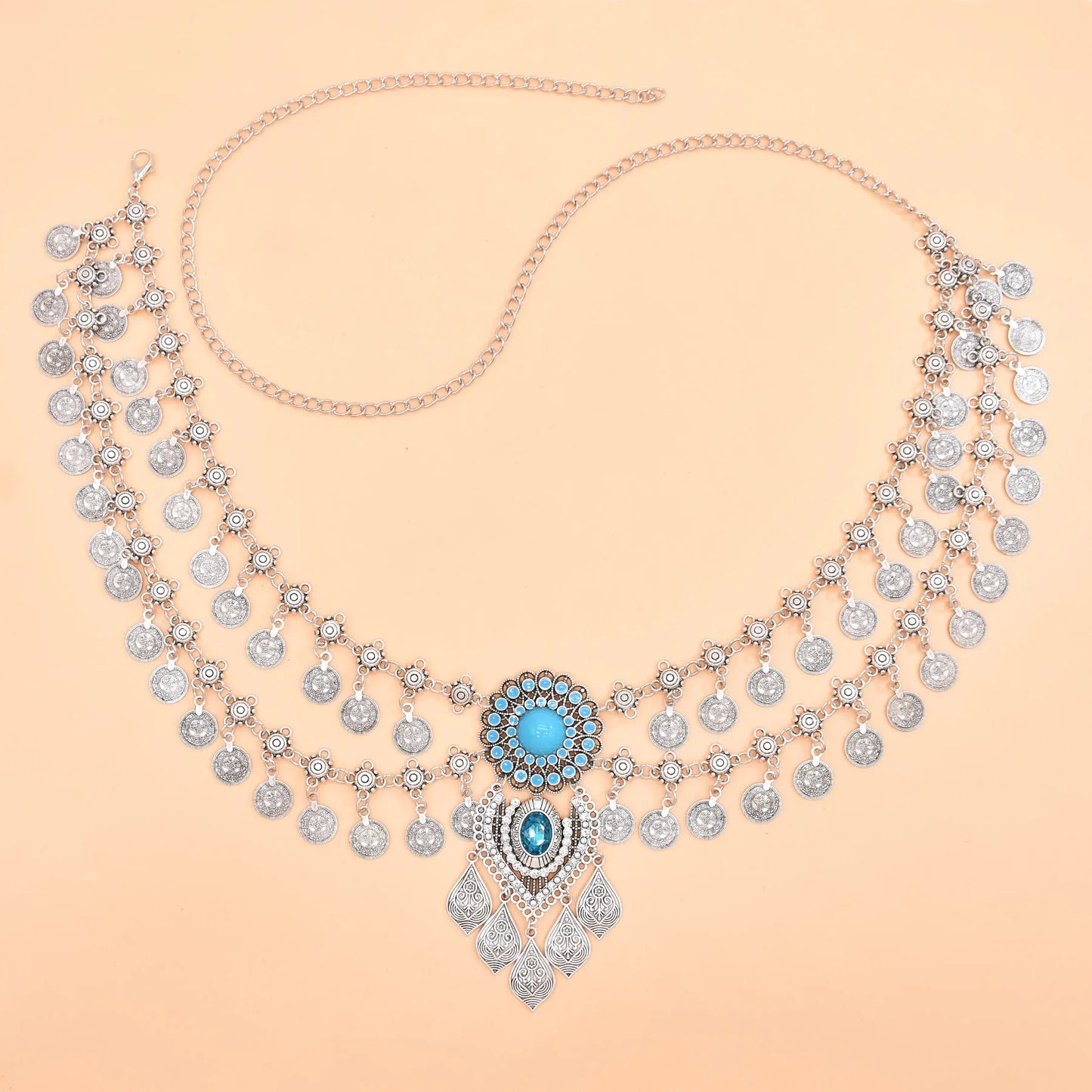 🌙✨ Boho Goddess Waist Chain – Cinturón Étnico de Monedas y Turquesa