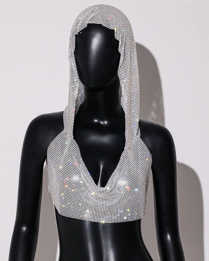 ✨ Crystal Hooded Crop Top – Malla Brillante con Strass