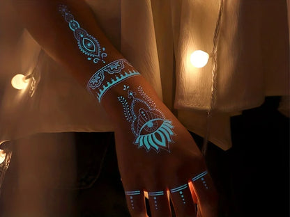 🔷Blue Luminous Glow Tattoo Stickers – Geometría Mágica UV ✨ 6 variantes a elegir