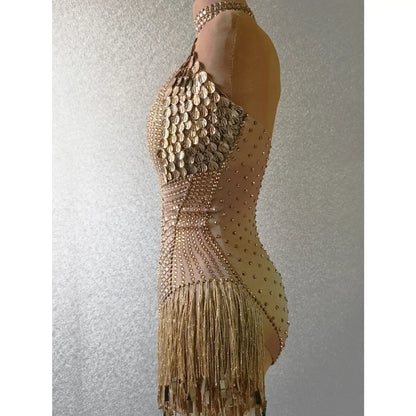 ✨ Golden Siren – Body Festival Metalizado con Flecos