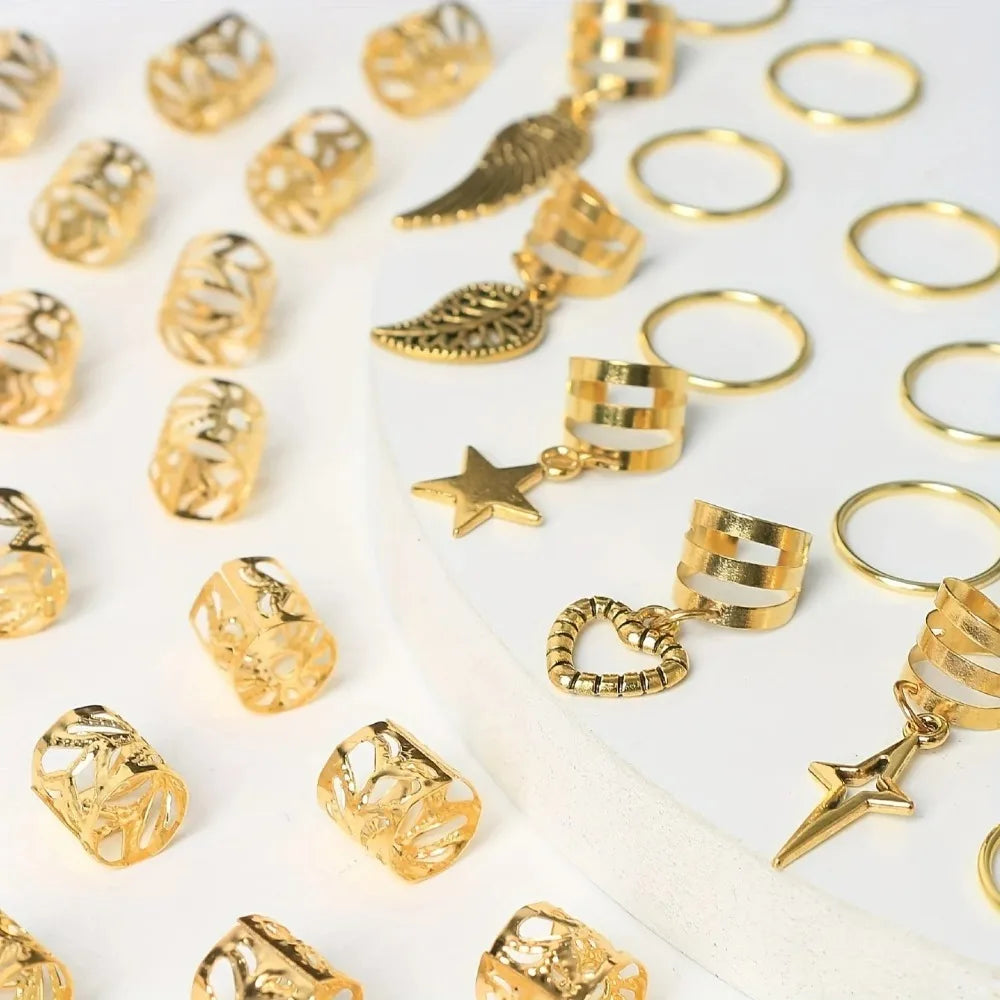 🌟 Anillos para Trenzas Hippie 🔥45 Piezas de Magia Dorada o plateada