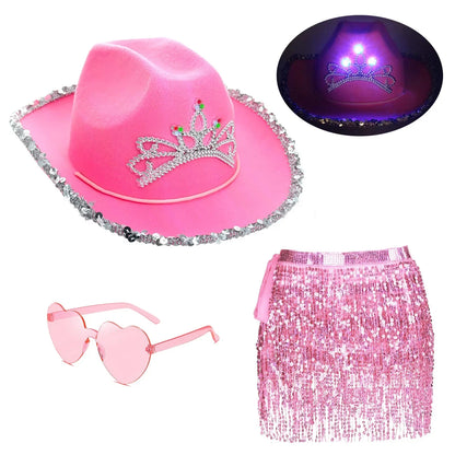 🤠💖 Yeehaw Stardust – Set Rosa Western de Sombrero, Gafas, Pañuelo y falda con Lentejuelas 💖🤠