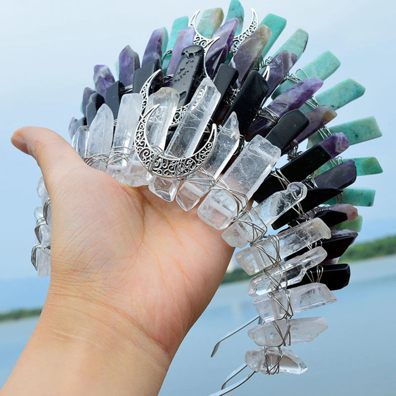 👑Corona Estelar Multicolor 🌙 Tiara de Cristal lunar para Diosas Cósmicas🌈 20 colores a elegir