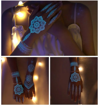 🔷Blue Luminous Glow Tattoo Stickers – Geometría Mágica UV ✨ 6 variantes a elegir