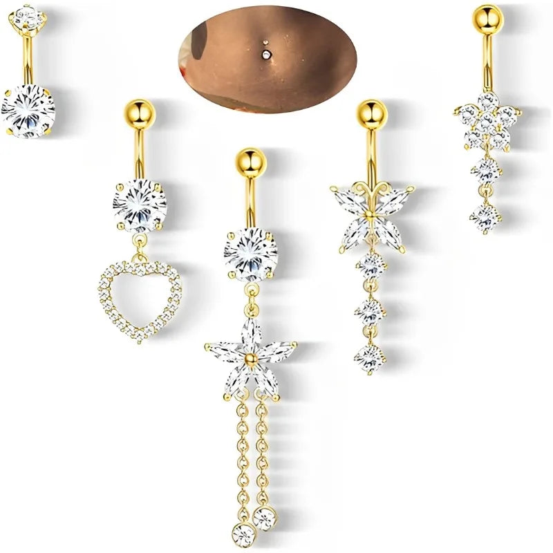 🦋 Piercings ombligo Gold Dreams 🌟 (set mariposa + flor + corazón) 💖12 variantes