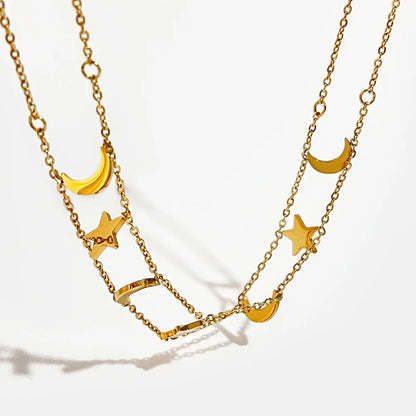 🌙✨ Crescent Dreams – Collar Doble Capa de Luna y Estrellas ✨🌙