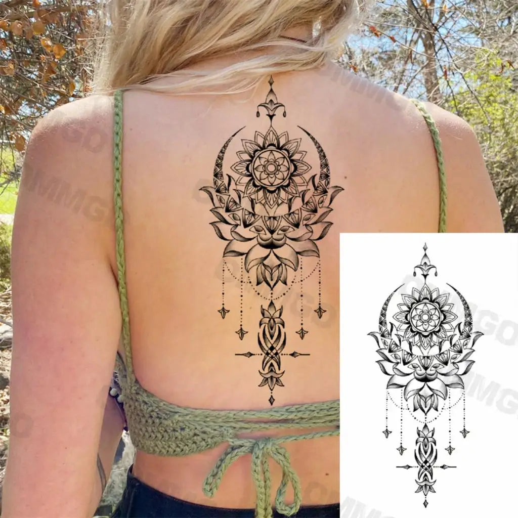 🌺Mandala Moon Tattoo – Tattoo de Espalda Estilo Diosa Tribal 🖤 52 variantes a elegir
