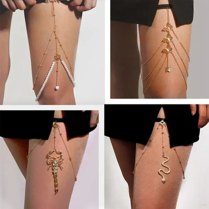 🐍 Boho Snake Thigh Bling – Cadena Pierna Bohemia con Brillos y Abalorios