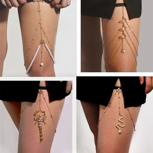 🐍 Boho Snake Thigh Bling – Cadena Pierna Bohemia con Brillos y Abalorios