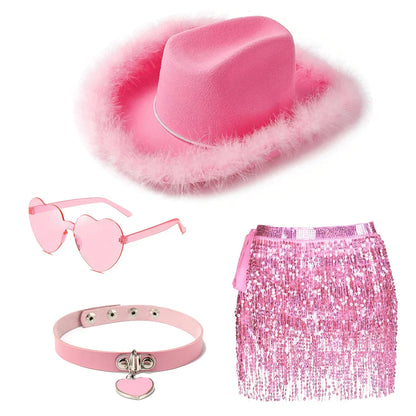 🤠💖 Yeehaw Stardust – Set Rosa Western de Sombrero, Gafas, Pañuelo y falda con Lentejuelas 💖🤠