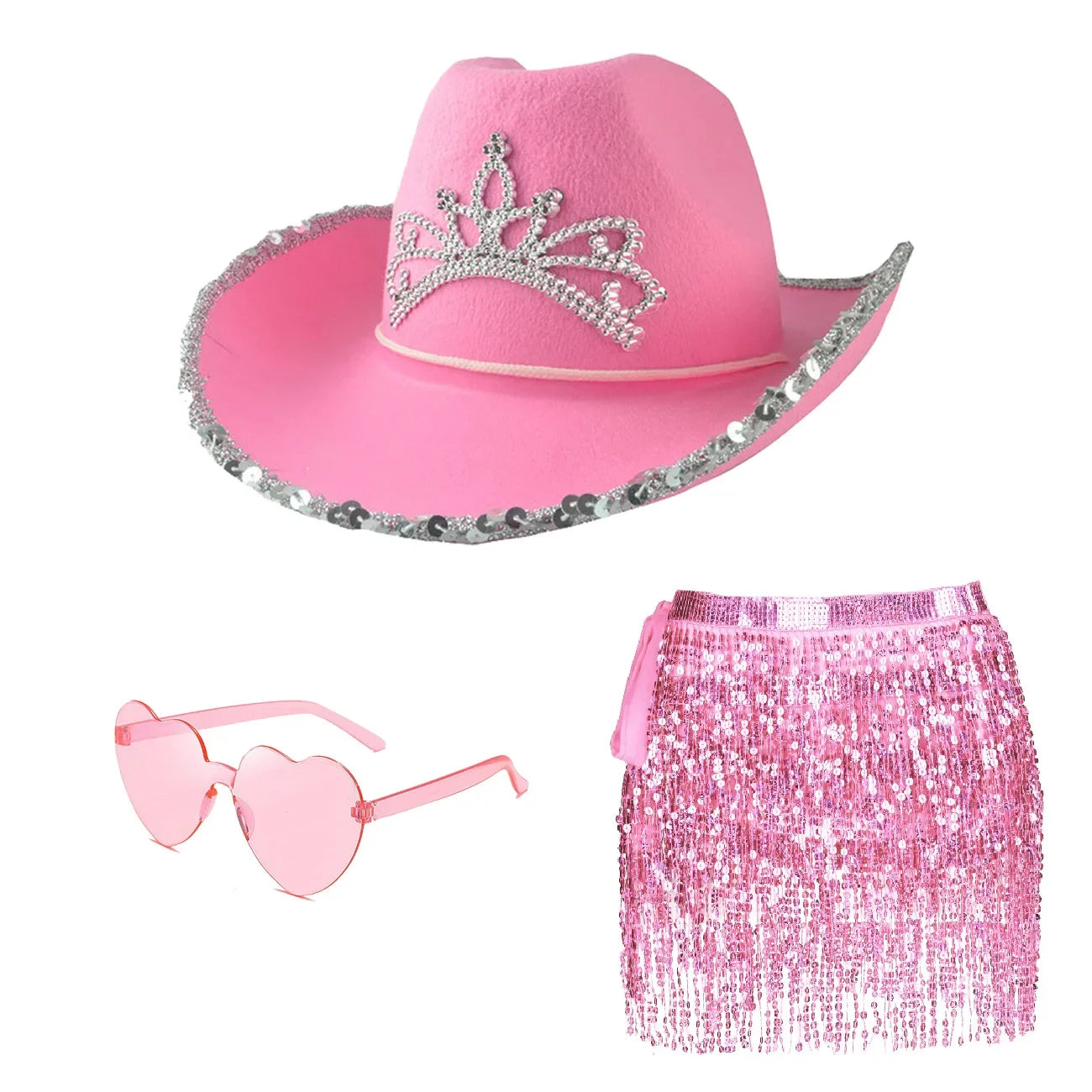 🤠💖 Yeehaw Stardust – Set Rosa Western de Sombrero, Gafas, Pañuelo y falda con Lentejuelas 💖🤠