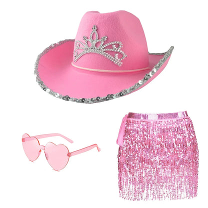 🤠💖 Yeehaw Stardust – Set Rosa Western de Sombrero, Gafas, Pañuelo y falda con Lentejuelas 💖🤠
