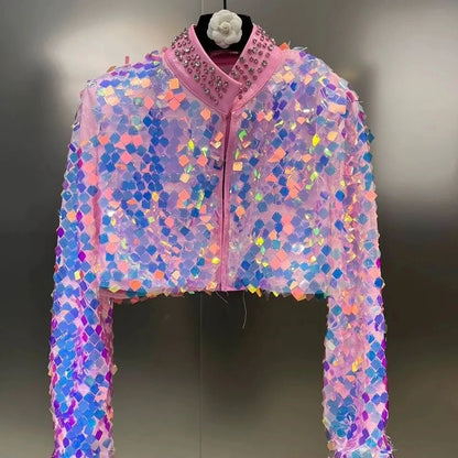 🌈 Galaxy Glow Jacket — Chaqueta Corta de Lentejuelas Tornasoladas