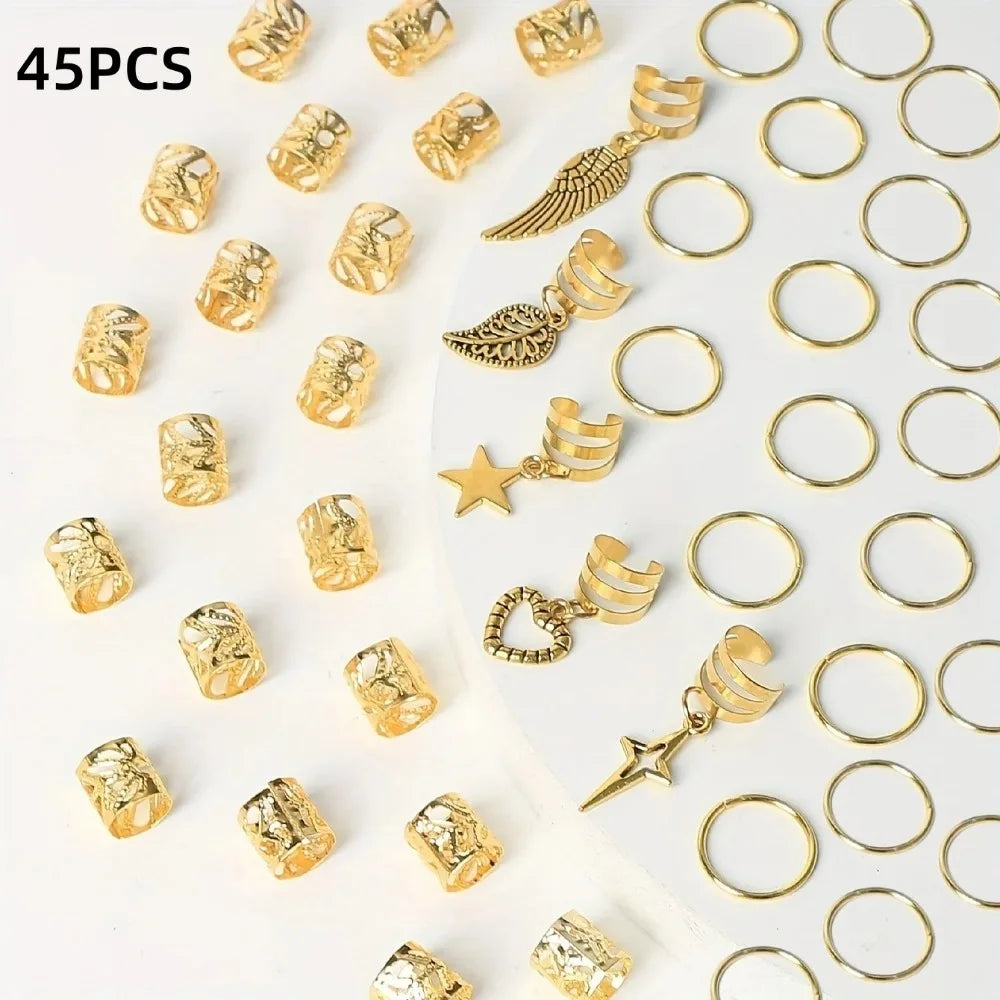 🌟 Anillos para Trenzas Hippie 🔥45 Piezas de Magia Dorada o plateada