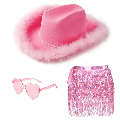 🤠💖 Yeehaw Stardust – Set Rosa Western de Sombrero, Gafas, Pañuelo y falda con Lentejuelas 💖🤠