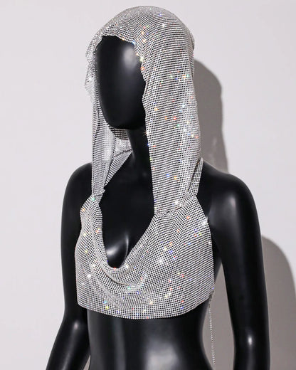 ✨ Crystal Hooded Crop Top – Malla Brillante con Strass