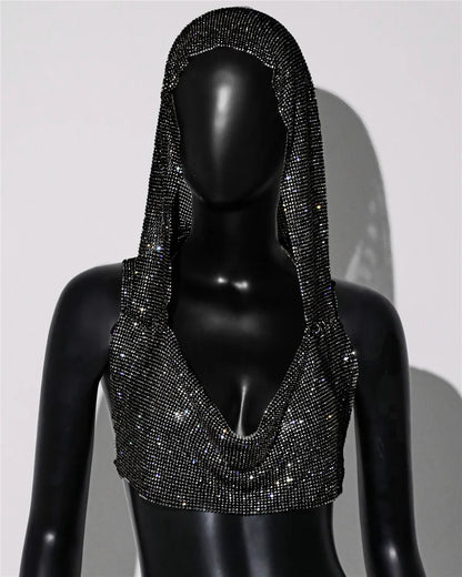 ✨ Crystal Hooded Crop Top – Malla Brillante con Strass