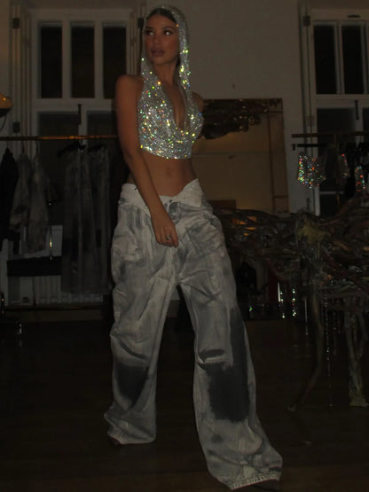 ✨ Crystal Hooded Crop Top – Malla Brillante con Strass