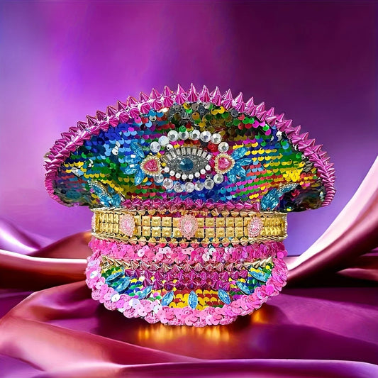 🌈 GALAXY STEAMPUNK QUEEN | Gorra militar arcoíris con strass