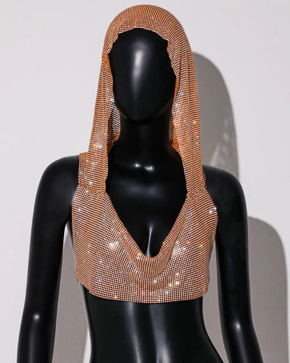✨ Crystal Hooded Crop Top – Malla Brillante con Strass
