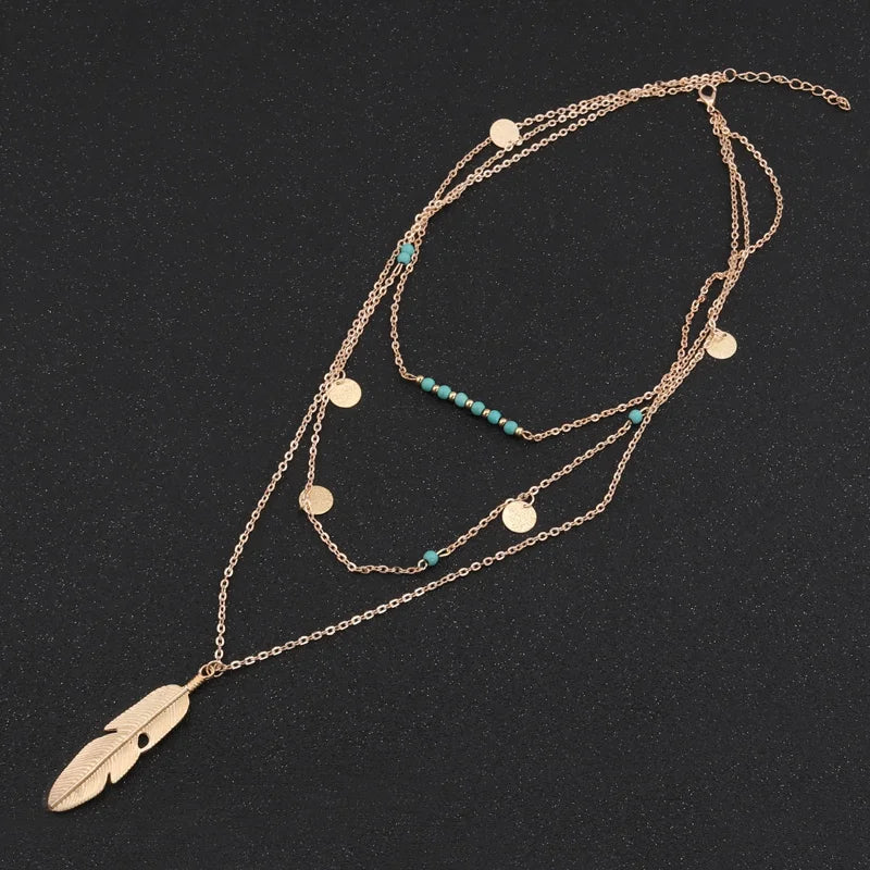 ✨ Golden Mirage – Collar Multicapa con Monedas, Plumas y Cuentas Boho Chic💫 19 variantes