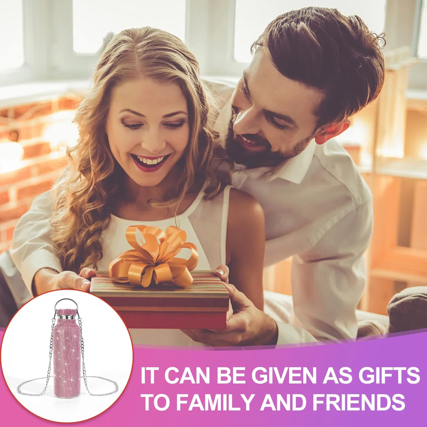 💎Botella Glam On The Go — Con Cadena 🔥 4 colores, 2 tamaños🌟