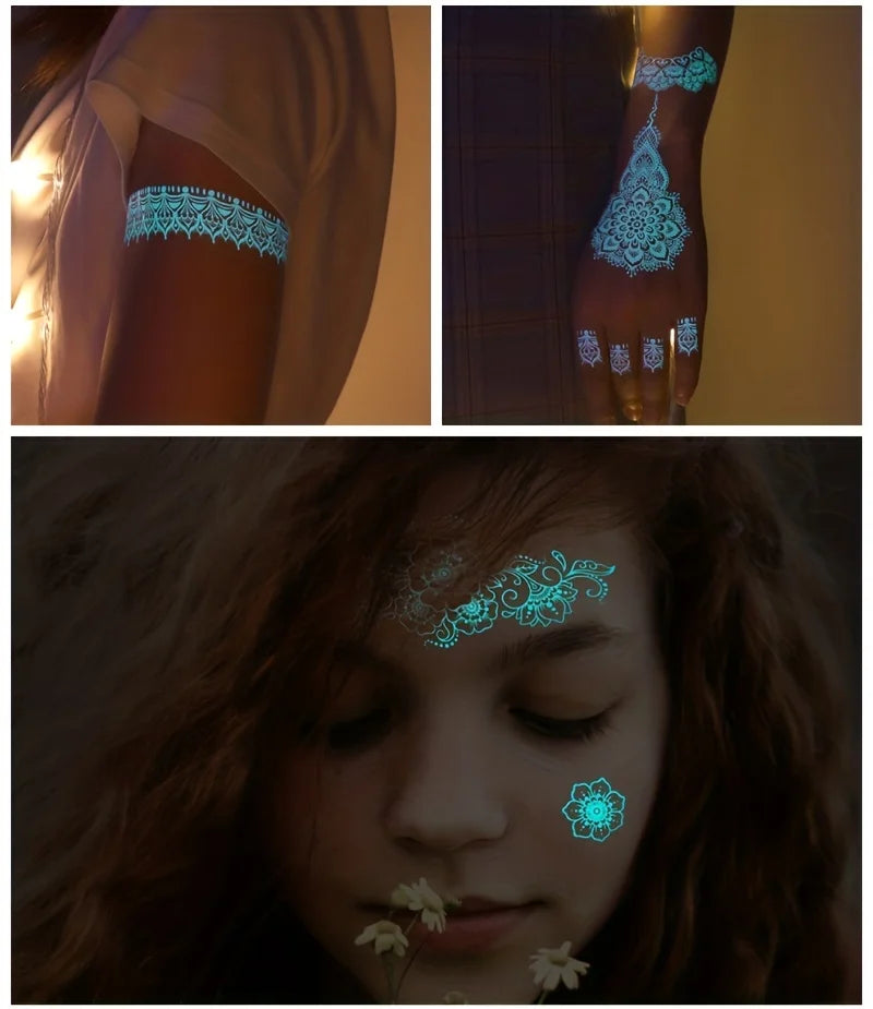 🔷Blue Luminous Glow Tattoo Stickers – Geometría Mágica UV ✨ 6 variantes a elegir