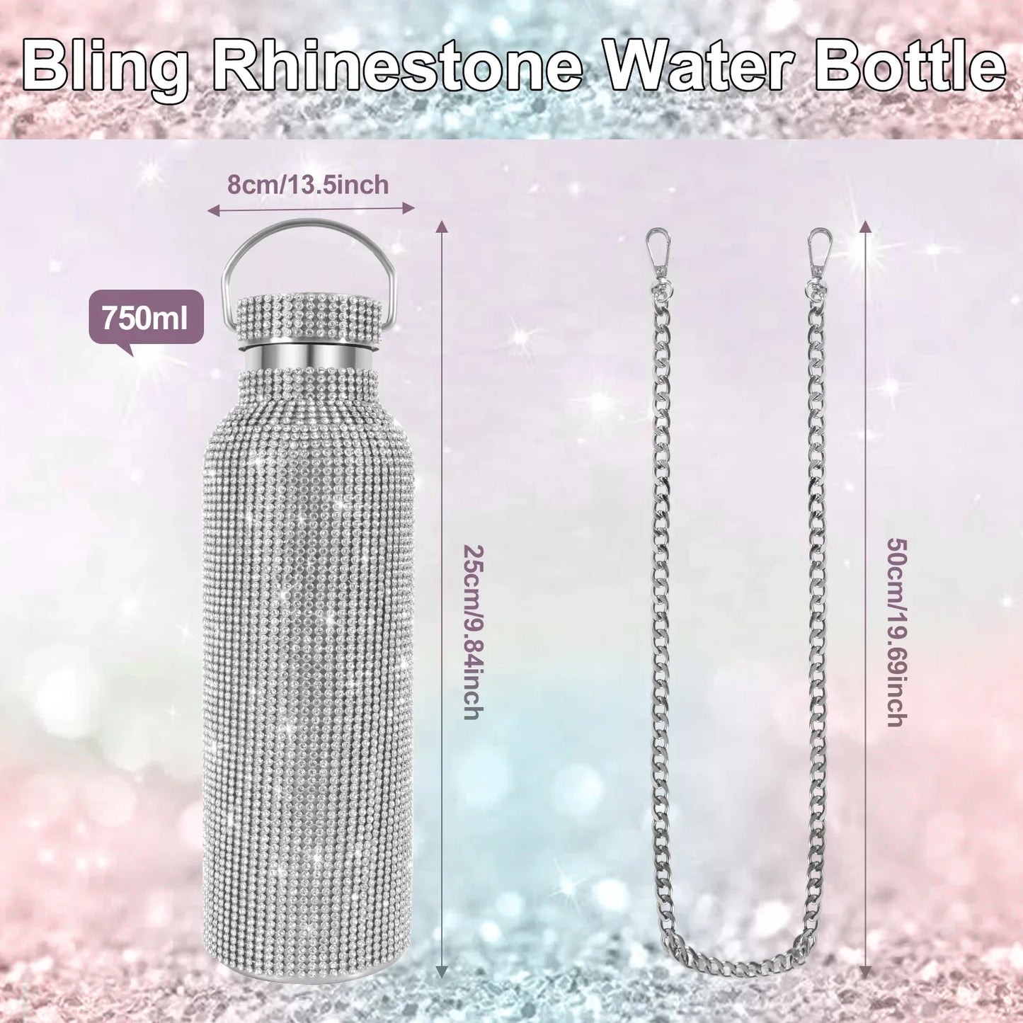 💎Botella Glam On The Go — Con Cadena 🔥 4 colores, 2 tamaños🌟