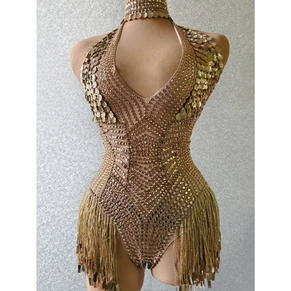 ✨ Golden Siren – Body Festival Metalizado con Flecos