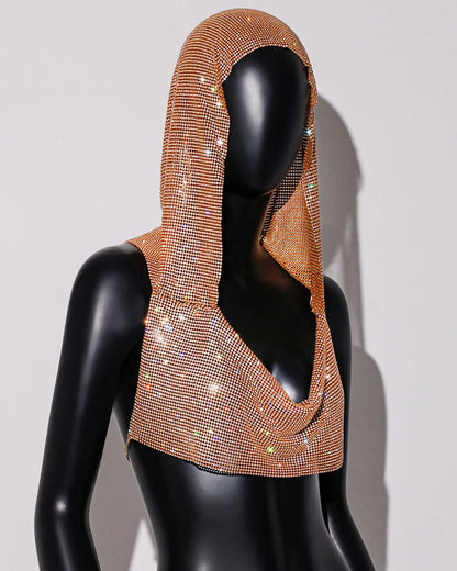 ✨ Crystal Hooded Crop Top – Malla Brillante con Strass