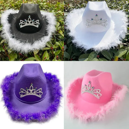 🖤 COWGIRL PRINCESS HAT | Sombrero vaquero con corona y plumas 🔥 6 colores a elegir