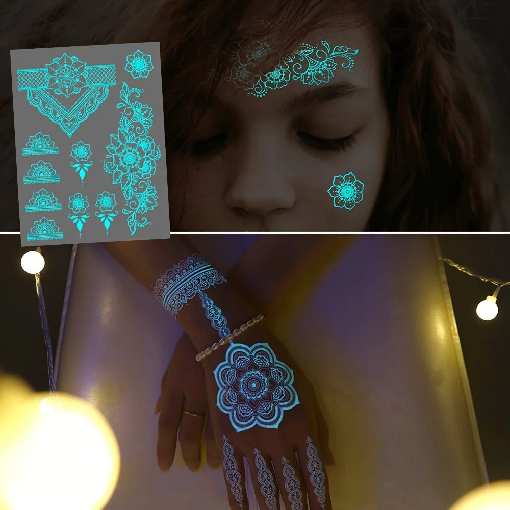 🔷Blue Luminous Glow Tattoo Stickers – Geometría Mágica UV ✨ 6 variantes a elegir