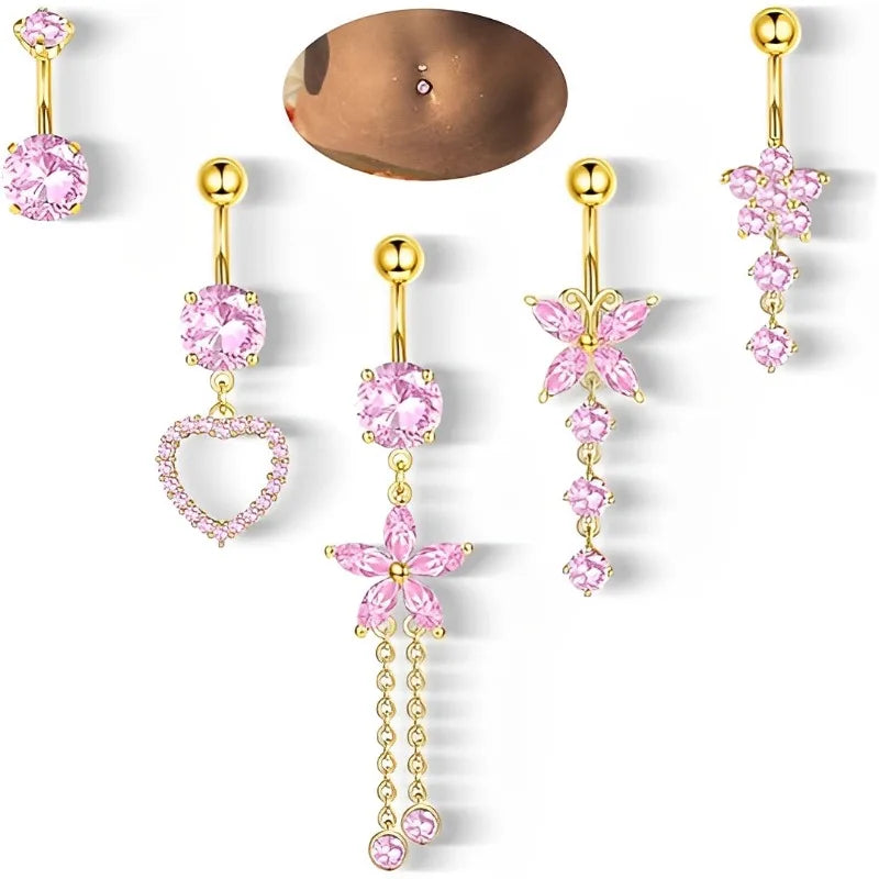 🦋 Piercings ombligo Gold Dreams 🌟 (set mariposa + flor + corazón) 💖12 variantes