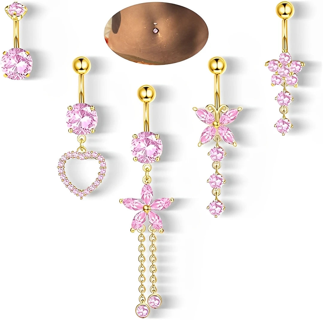 🦋 Piercings ombligo Gold Dreams 🌟 (set mariposa + flor + corazón) 💖12 variantes