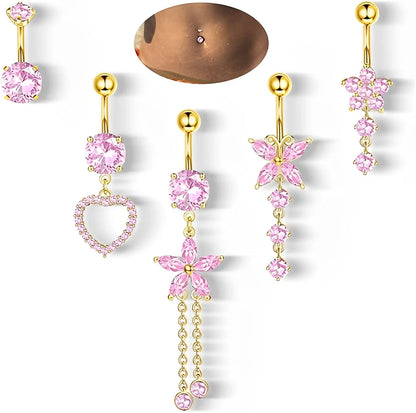 🦋 Piercings ombligo Gold Dreams 🌟 (set mariposa + flor + corazón) 💖12 variantes