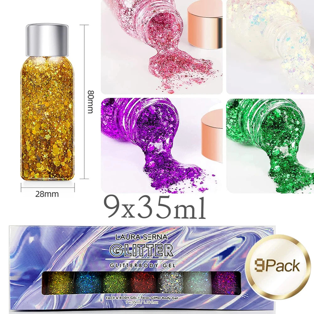 💫“StarBomb Glitter Gel” 💖 Glitter Festival Holográfico para Cara, Cuerpo y Pelo ✨💖 9 botes x 35ml