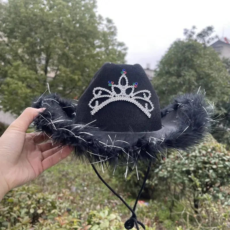 🖤 COWGIRL PRINCESS HAT | Sombrero vaquero con corona y plumas 🔥 6 colores a elegir