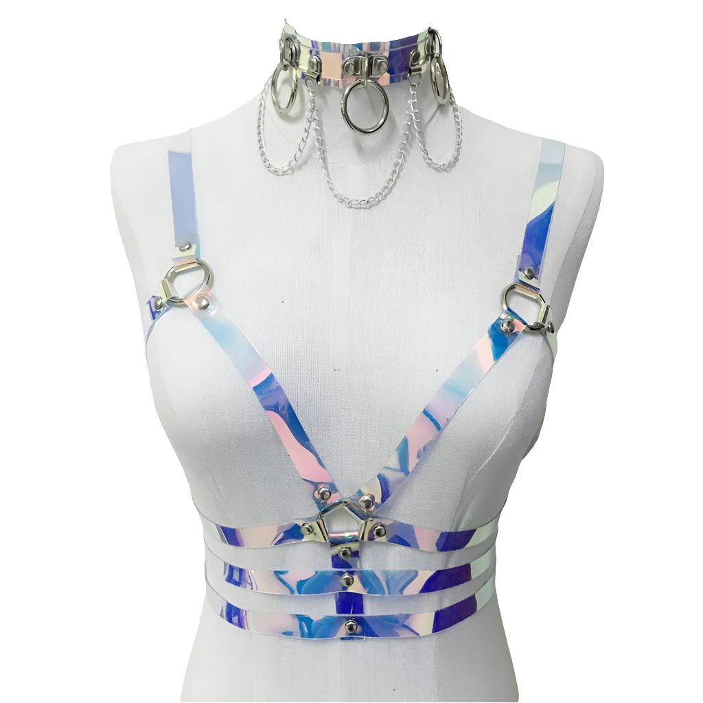 🌟 Festival Queen Holo Top Arnés  Láser + Choker Holográfico para Rave Queens 💥👑
